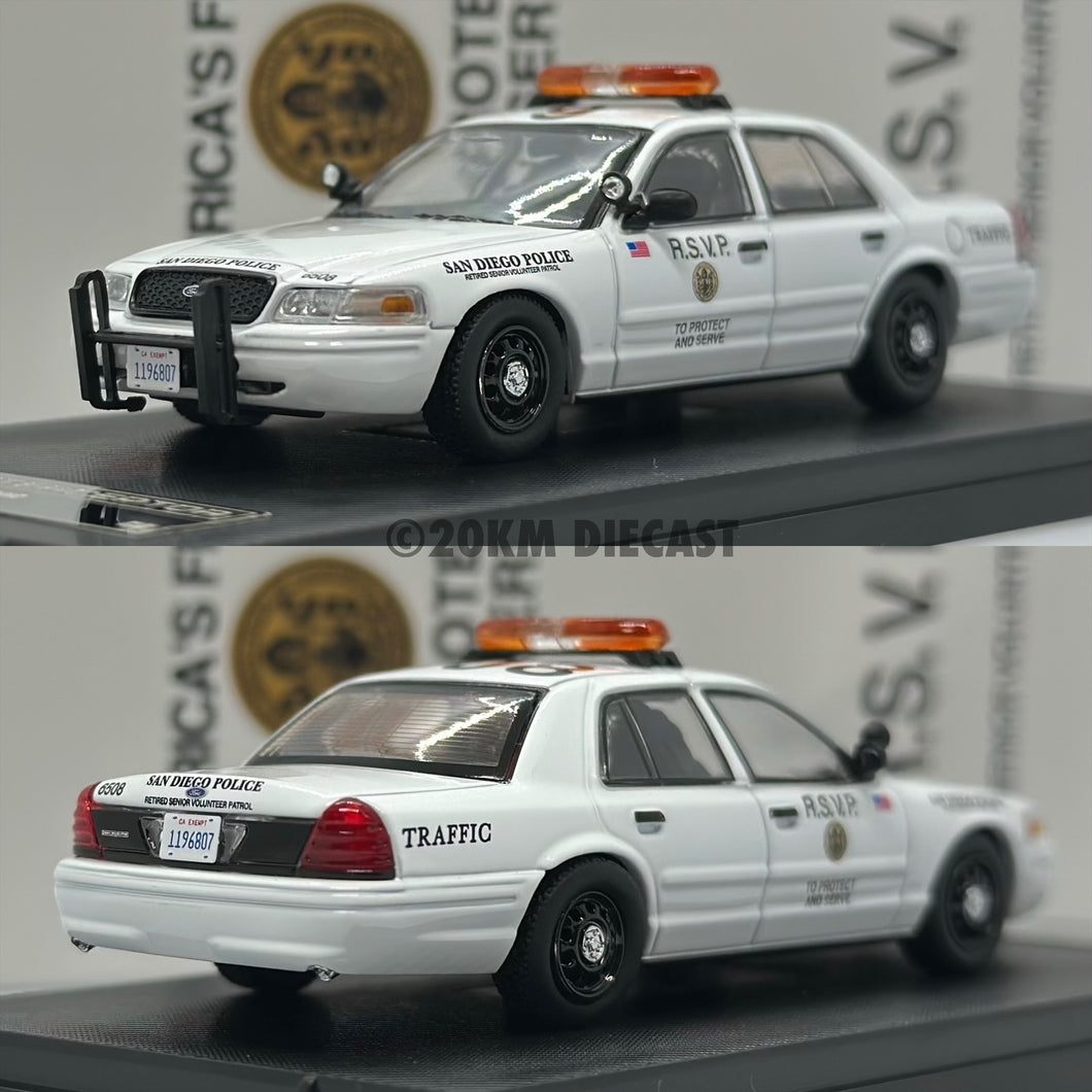 Rollin 1/64 Ford Crown Victoria Police Interceptor - San Diego Police Department Retired Senior Volunteer Patrol