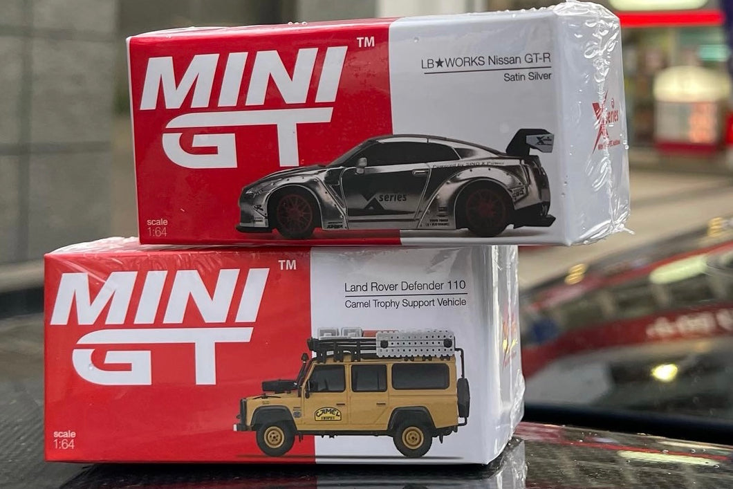 Mini GT 1/64 Hong Kong Exclusive #205 LB WORKS Nissan GT-R R35 + #202 Land Rover Defender 110 Camel Trophy Support Vehicle - Sinopec